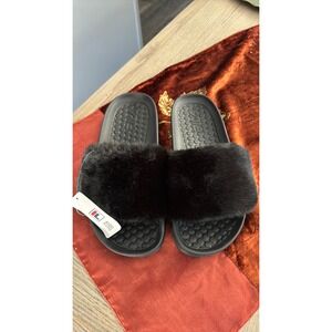 Fila Fuzzy Slides Black Faux Fur‎ Sandals Comfy Slip On Shoes New Sz 8